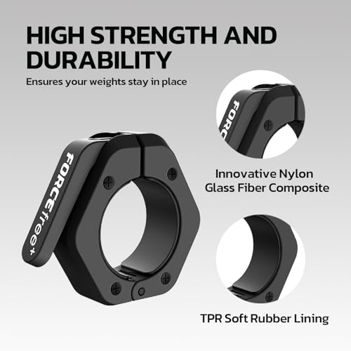 Forcefree+ Barbell Clips (Pair), Barbell Clamps, Quick Release Olympic Barbell Clamps with Anti Slip TPR Grip, Barbell Collars for Secure Weightlifting & Powerlifting - color: Black