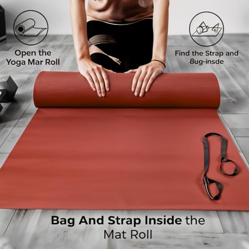 Thick Yoga Mat for Exercise & Pilates – Non Slip Yoga Mats with Strap, Extra Wide Gym Matt for Home, Lightweight & Durable Pilates Mat for Studio Fitness - color: RED