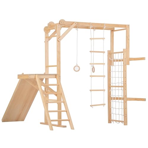 Avenlur Grove 8-in-1 Indoor Jungle Gym with Gymnastic Rings, Climbing Rope, Swing, Slide, Monkey Bars, Rope Wall Net, and Wooden and Rope Ladder - Jungle Play Set for Kids Ages 2-11 Years Old - color: Natural Wood