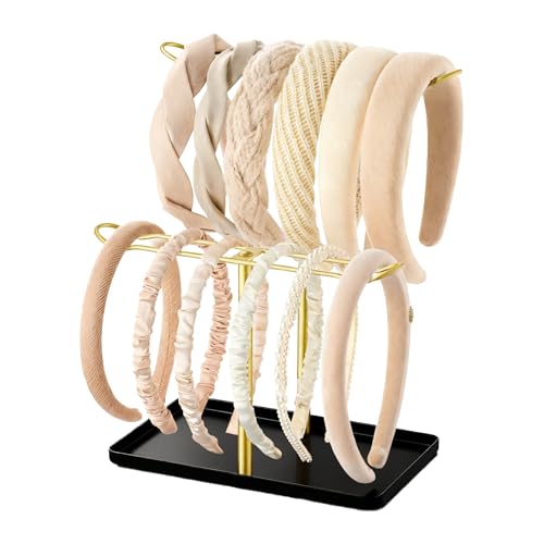 Headband Holder Organizer, 2-Tier T-bar Storage Stand with Tray for Hair Accessories Hairband Hair Clip, for Girls Women, Gold & Black - color: Black-gold