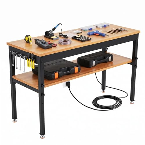 48" Work Bench with Storage Shelf, 2500 LBS Adjustable Height Workbench, 48" x 24" Work Benches for Garage, Tool Bench with Power Outlet for Workshop & Home