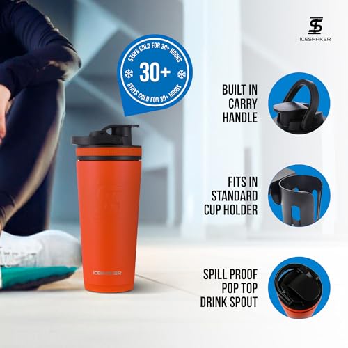 Ice Shaker Insulated Stainless Steel Shaker Bottle | 26oz, Orange | Cold for 30+ Hours | Insulated Cup with Twist-on Agitator | Odor-Free Bottle for Protein Shakes, Water, Smoothies, Cocktails - color: Orange