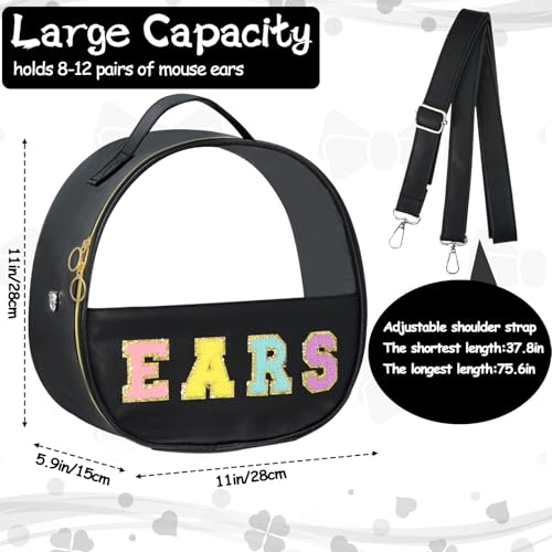 Translucent Mouse Ears Travel Case, Chenille Letter Headband Ears Holder Waterproof Hair Accessories Organizer Storage for Women Adults Gift Large Thicken Makeup Snack Bag for Park Travel - color: Black