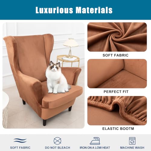 NILUOH Thick Velvet Wingback Chair Slipcovers 2-Piece, Stretch Wing Chair Covers Soft Sofa Slipcover Wing Back Armchair Cover Furniture Protector for Living Room - color: Red-camel