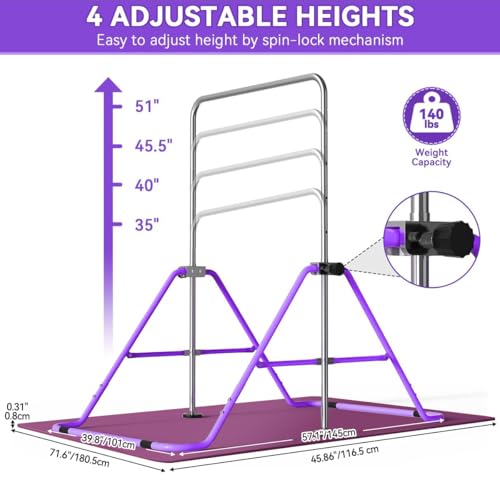FBSPORT Gymnastics Bar for Kids Adjustable Height Gymnastic Horizontal Bar | Adjustable height, Supports up to 140 lbs, Junior Training Bar Children Folding Training Monkey Bars for Home Using - color: Purple+Mat