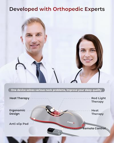 FliKEZE Heated Neck Stretcher with Red Light, Wireless Massager Pillow | 660nm/850nm Red Light, 3 Heat Levels & 5 Massage Modes, Ergonomic Design for Home Office Use to Relieve Neck Pain, Grey