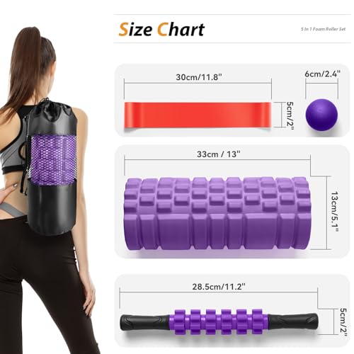 5 in 1 Foam Roller Set for Deep Tissue Muscle Massage, High Density Trigger Point Fitness Patented Exercise Foam Roller, Massage Roller, Massage Ball, Resistance Band, for Whole Body(Purple) - color: Purple