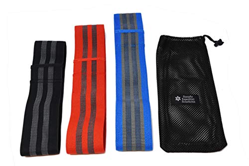 Non-Slip Heavy-Duty Exercise Loop Bands for Strengthening Hips, Glutes, Legs by Providing Resistance in Training & Support in Squats & Lifting. Three Lengths of Bands in a Tote Bag - color: black/red/blue