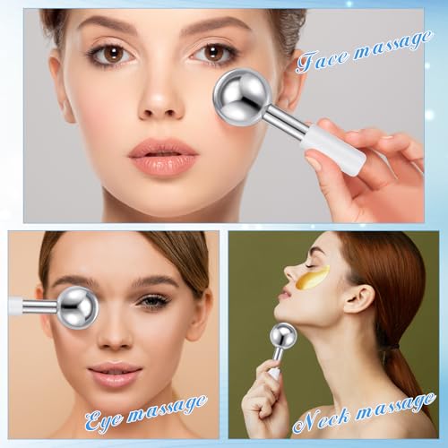 Baderke 2 Pcs Ice Globes for Face Stainless Steel Cooling Globes Unbreakable Cooling Roller Women Ice Balls Cryo Sticks Facials Skin Care for Dark Circles, Puffiness(Silver (White Handle)) - color: Silver (White Handle)