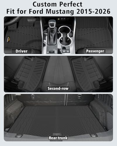 Floor Mats & Cargo Liner Custom Fit for Ford Mustang 2026 2025 2015-2024 (NOT for Mach-E) All Weather TPE Rubber 1st & 2nd Floor Liners Automotive Trunk Mat for Mustang 2025 Accessories, Black - size: For Ford Mustang 2015-2026