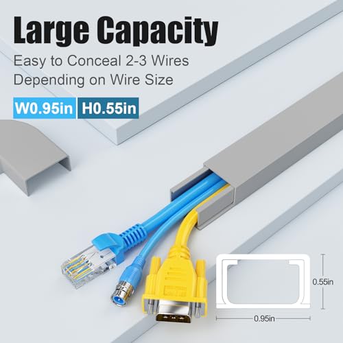 Yecaye Cord Hider, 113in Medium Cord Covers for Wires on Wall, Cord Organizer for 2-3 Wires, Easy Install Cable Management Kit, TV Cable Hider for Home Office, W0.95in H0.55in, Grey - color: Grey, size: 113in L x 0.95in W x 0.55in H