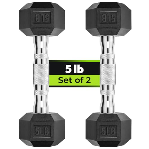 HANDBODE Hex Dumbbell Set of 2, Rubber Encased Fixed Dumbbells, 2.5-65 lb | Non-Slip Comfortable Handles, Hand Weights for Strength Training, Ideal for Home Gym Workouts - size: 5 lb, Pair, style: Chrome Handle