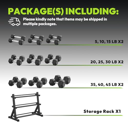 HANDBODE Rubber Coated Hex Dumbbell Set with Rack, 300-840 lb | Fixed Weights Sets with Heavy Duty Storage Stand, Multiple Weight Options Home Gym Equipment for Strength Training - style: 450 lb Set (5-45 lb) with Rack
