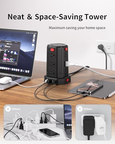 Power Strip 6.5 Ft Extension Cord with 12 AC Multiple Outlets 4 USB (1 USB C), SMALLRT Power Strip Tower Desktop Charging Station for Home Office College Dorm Essentials - color: Black, size: 6.5 ft