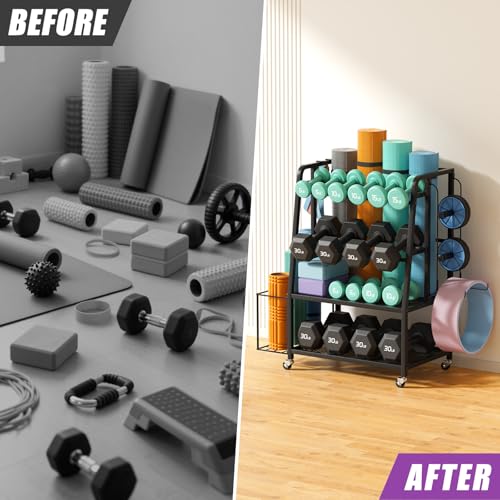 VOPEAK Dumbbell Rack for Home Gym, Adjustable Weight Rack Stand with Wheels, Heavy Duty Steel Storage Organizer for Dumbbells Kettlebells Yoga Mat, with Locking Casters & Side Hooks
