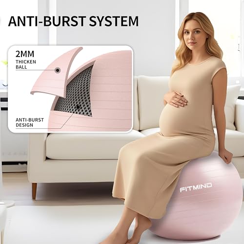 FITMIND_ Extra Thick Exercise Ball Yoga Ball 22in/26in/30in for Workout Pregnancy Stability,Anti-Burst and Slip Resistant Swiss Ball with Pump for Yoga, Pilates, Fitness,Birthing,Physical Therapy - color: pink, size: 22-26in/55-65cm