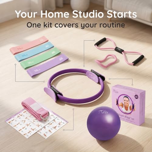 Pilates Ring and Ball Set with Video Tutorials, 10-in-1 Home Pilates Kit | Complete beginner-friendly workout kit for women to tone, strengthen and improve flexibility, balance and core at home - color: Sunset Purple