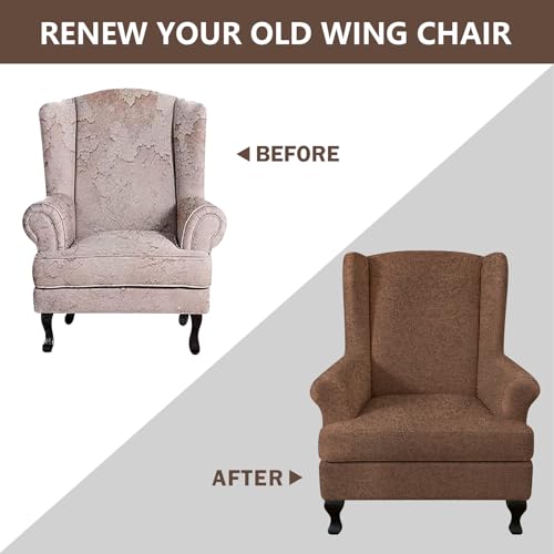 ANARACHON Leather Look Wingback Chair Covers, 2-Piece Wing Chair slipcover,Stretch Wing Back Armchair Slipcovers with Elastic Bottom, Soft Spandex Furniture Protector for Living Room (05 Brown) - color: Brown #5