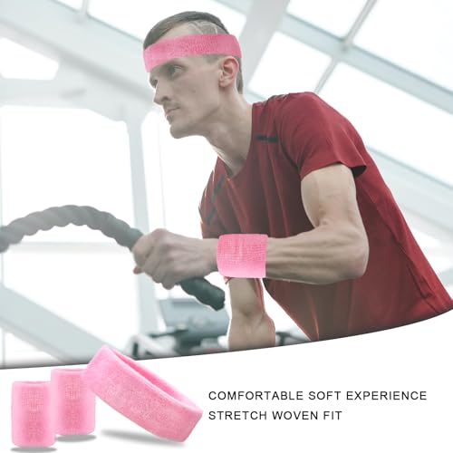 BLMHTWO 3 Pieces of Sweat Band Set, Headbands for Men Kids Sweatbands Including 1 Headband and 2 Wristbands Black Cotton Super Soft and Comfy Sweatband for Tennis Working Out Boxing Gym - color: pink