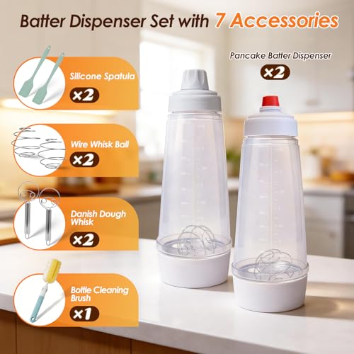 Pancake Batter Dispenser Bottle Kit with 7 Accessories, 1000ml Silicone Squeeze Pancake Mixer Bottle with Whisk Ball and Stand Base, Pancake Shaker Bottles for Cupcakes Muffins Waffle Crepes(2pack) - color: White