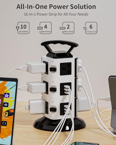 Power Strip Tower with 10 Outlets, 4 USB-A & 2 USB-C Ports, 1875W/15A Heavy Duty Charging Station for Multiple Devices, Plug Tower with 6ft Extension Cord, for Home, Office, Dorm - size: 3-Tier