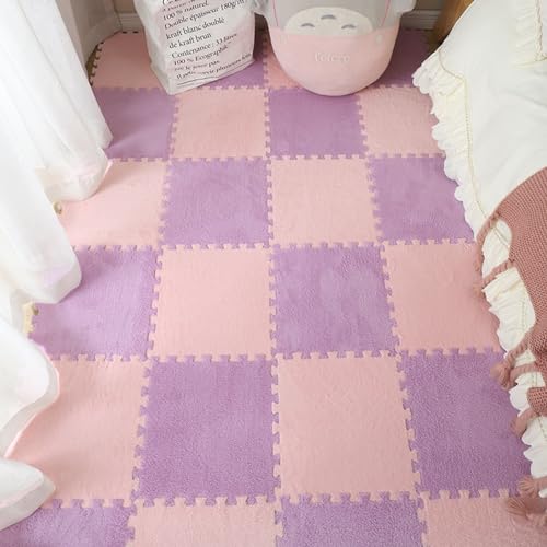 10pcs Plush Puzzle Foam Floor Mat, Soft Fluffy Interlocking Square Foam Tiles Area Rugs Carpet for Parlor Bedroom Decoration(11.8x11.8in, Purple & Pink) - color: Purple & Pink