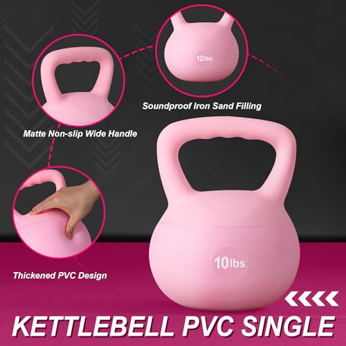 soges PVC One-Piece Kettlebell with Wide Handles, Strength Training Kettlebells 5lb to 35lb Optional for Women of Different Levels, Iron Sand Filled Soft Kettlebell - color: 10lbs - Pink