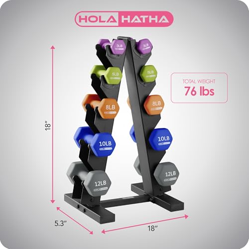 HolaHatha 1, 2 and 3 lb Neoprene Dumbbell Strength Training Weight Set with Rack - color: Multicolor, size: 76 LB