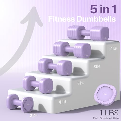 Adjustable Dumbbell Set of 2: Sportneer 4 in 1 Free Weights Dumbbells Set for Women, Hand Weights for Women at Home, Available in 5 lb × 2 and 10 lb × 2 Sets with Soft Rubber Handle for Home Gym Exercise Training - color: Aura Lavender, size: 10lb × 2