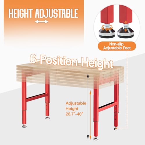 SPECRAFT Red Adjustable Heavy Duty Workbench with 4 AC Outlet and 2 USB Ports Power Outlets, 2000 Lbs Capacity, Rubber Wood Top for Garage, Workshop, Office - color: Red, size: Standard/44"x20"