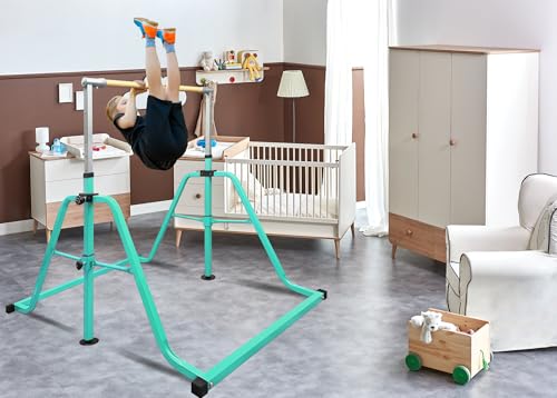 Foldable & Moveable Gymnastics Horizontal Bar with Rings,3’to 5’Adjustable Height Expandable Junior Kip Bar for Home,Indoor Gym Equipment for Kids - style: Foldable Teal with Rings