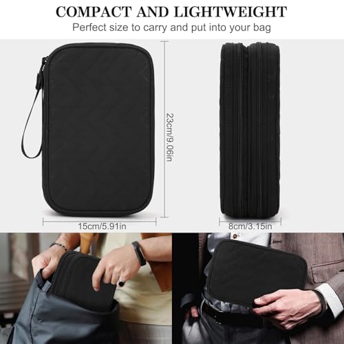 FYY Electronic Organizer, Travel Tech Pouch Bag, Large, Black Quilted | Wrist Strap, Waterproof, Double Layers Portable Electronics Travel Carrying Case for Cord, Charger, Daily Business Trips Use - color: Black Quilted, size: Large