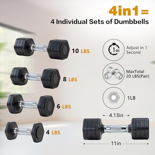 Adjustable Dumbbell Set of 2 Total 20 Lbs 4-in-1 Each 4lb 6lb 8lb 10lb 1s-Adjust Dual-Stable Free Weights for Women Men Home Gym Outdoor Workouts - color: black [20LBS Total]