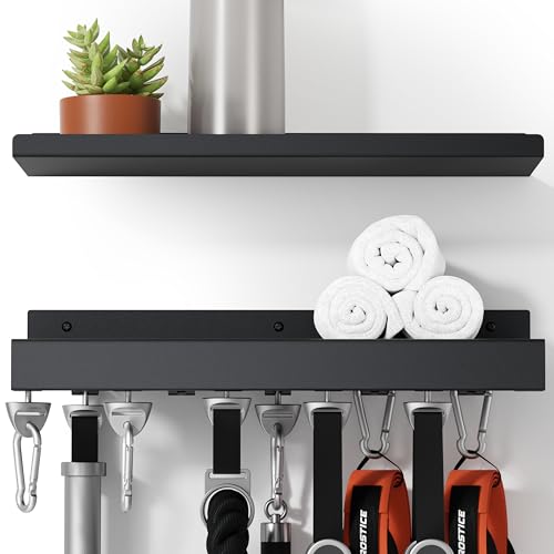2-Tier Metal Shelf Compatible with Tonal 1& Tonal 2 Accessories | Floating Shelf Organizer for Home Gym Storage, T-Locks Adapter Bracket Hanger, Wall Mounted Rack with Hooks, Workout Holder