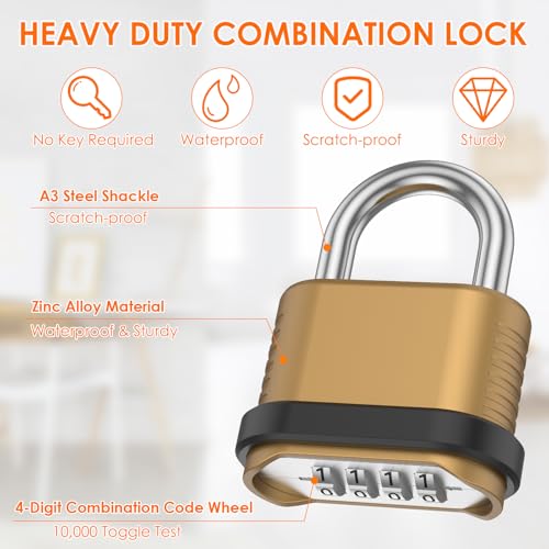 6 Pack Heavy Duty Combination Lock Outdoor, 4-Digit Weatherproof Combo Lock | Resettable Brass Combination Padlock for Gate, Locker, Shed, Garage, Fence, Gym, Storage Unit - color: Gold