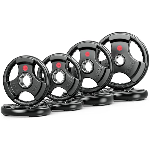 Gikpal Olympic Weight Plates, 2-Inch Three-Grip Rubber Coated Barbell Plates with Steel Hub, Cast Iron Weights for Strength Training & Home Gym, Pair or Sets (2.5–45LB) - style: 85LBS Set (Pair of 2.5, 5, 10, 25lb)