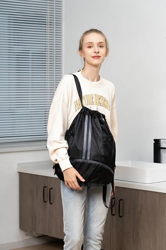 Valleycomfy Sports Drawstring Backpack - Water Resistant String Bag with Side Mesh Pockets Shoe Compartment Gym Backpack for Women & Men Dark Blue - color: A-dark Blue