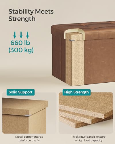 SONGMICS Mazie Collection - 30 Inches Folding Storage Ottoman Bench, Ottoman with Storage, Foot Rest Stool, Load 660 lb, for Living Room, Synthetic Leather, Coffee Brown ULSF040K11 - color: Coffee Brown, size: 15"D x 30"W x 15"H