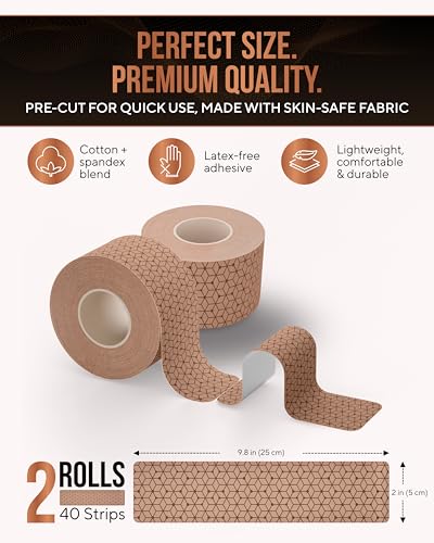 TheraCopper Copper Infused Kinesiology Tape – 2 Rolls (40 Precut Strips) – Advanced Waterproof Kinesiology Tape for Shoulder, Elbow, Bowling Wrist, Weightlifting, Muscle Strain & Joint Support (Tan) - color: Tan