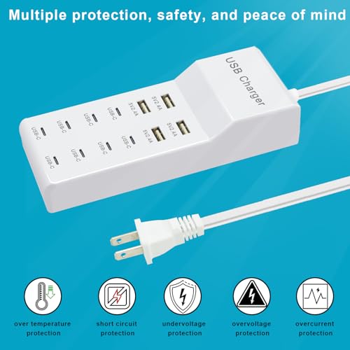 USB C Power Strip USB Charging Station 4 USB-A Ports and 8 USB-C Ports Multiple USB Charging Block with Auto-Detect Technology Compatible with Smart iPhone Tablet Laptop Multiple Devices