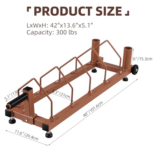 42''L x 13.6''W x 5.1''H Horizontal Weight Plates Rack Olympic Bar Storage Rack Organizer with Handle and Rolling Wheels Brown