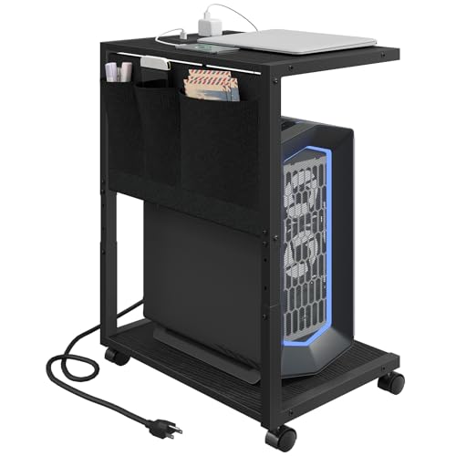 YATINEY PC Stand, Computer Tower Stand with Charging Station, Height Adjustable PC Tower Stand for Floor, 2 Tier Computer Cart On Wheels, 23.1"-29" H,19.7" L x 11" W, for Home Office, Black CJ60BB - color: Black
