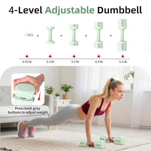 2-in-1 Adjustable Dumbbell Set, 4-Level Weights for Women | Convertible Dumbbell & Kettlebell, Adjustable 2.2-5.5lb Each, Quick-Change Button, Compact for Home Gym, Office & Outdoor - color: Green