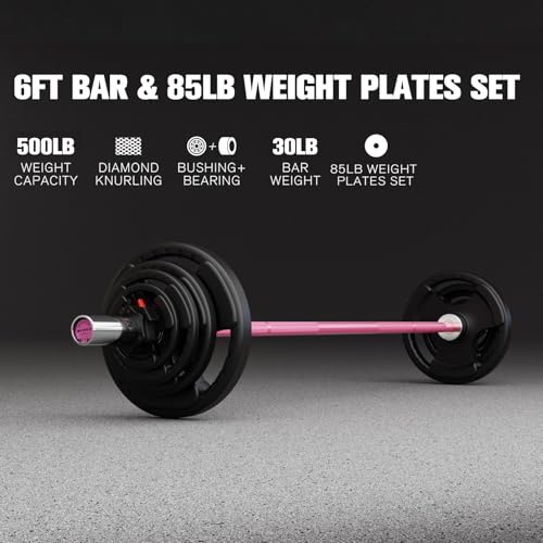 RitFit Barbell Weight Set - 4/6FT Olympic Barbell with Weight Plates (55-115LB Total) - Weightlifting Equipment for Squats, Curls, Deadlifts, Presses, Hip Thrusts - color: Pink, size: 6FT With 85LB Plates