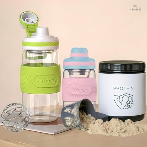 Glass Shaker Bottle 12oz for Protein Mixes, Borosilicate Glass Shaker with Strainer and Silicone Sleeve (Blue-Salmon) - color: Blue-Salmon,12oz