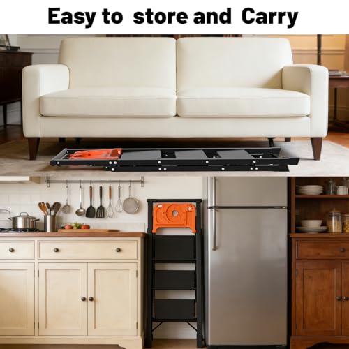 Aluminum 3 Step Ladder with Tool Tray - 600lbs Heavy Duty Lightweight Step Stool with Extended Handrails, Work Platform for Home Maintenance & DIY Projects (Black&Orange)