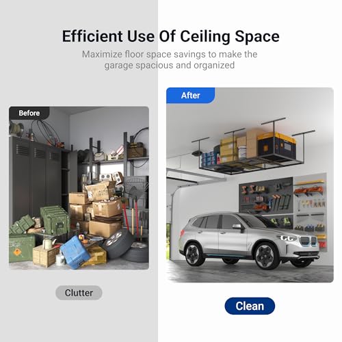 FLEXIMOUNTS 4x8 Overhead Garage Storage Rack, Adjustable Organization System, Heavy-Duty Metal Ceiling Racks, 750lbs Weight Capacity, Hammertone, Classic Series - color: Hammertone, size: 4x8 ft