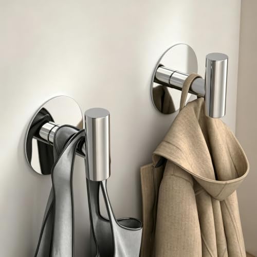 Stainless Steel Adhesive Hooks, Heavy Duty Wall Hooks, Towel Hooks for Hanging Robes, Aprons, Coats and Hats in Bathrooms,Kitchens and Hotels(2 Pack, Chrome) - color: Chrome, size: Adhesive "T" Shape- 2 Pack