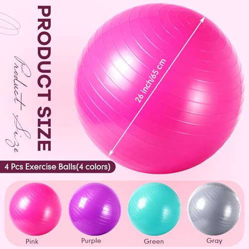 Leyndo 4 Pcs 26 Inch Yoga Exercise Ball Pilates Pregnancy Birthing Fitness Ball with Quick Pump Anti Burst for Improved Posture, Balance, Yoga, Pilates, Training - color: Pink Green Gray Set