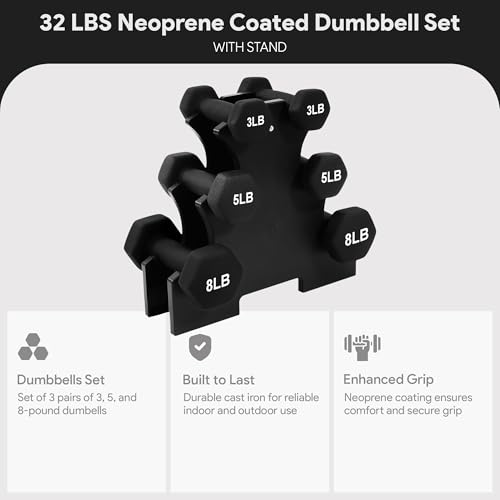 BalanceFrom Neoprene Coated Iron Dumbbell Hex Weights Set with Stand – Color-Coded or Black Options with Non-Slip Grip for Strength Training, Resistance Workouts, and Home Gym Fitness - style: 32LBS Set